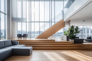 Leinwandbilder - Modern office interior with wooden staircase, large windows, and comfortable seating.