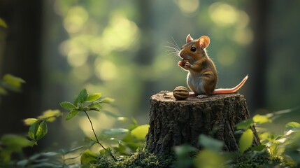 Poster - Adorable small rodent sitting on a tree stump in a forest, holding a nut.