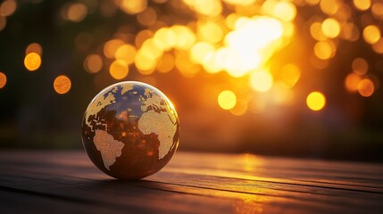Poster - Golden globe on wooden surface at sunset.