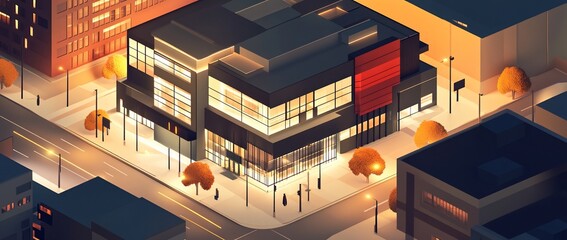 Aufkleber - Night cityscape isometric view of illuminated modern building on street corner.