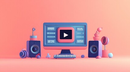 Aufkleber - 3D render of computer screen with play button, speakers, and other tech accessories on pink background.