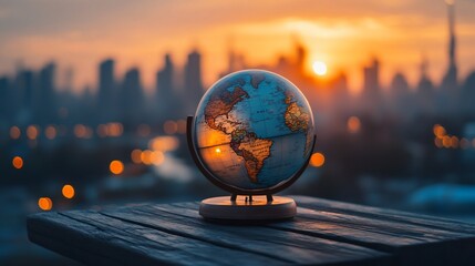 Poster - A globe sits on a wooden table at sunset with a city skyline in the background.