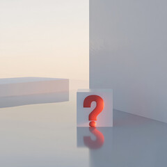 Poster - Red large question mark illuminated on a white cube in a minimalistic modern setting