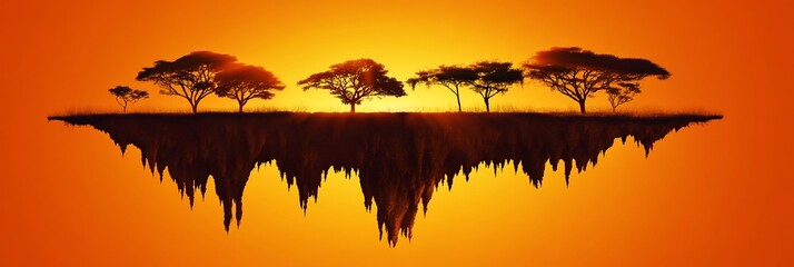 Poster - Sunset over a floating island with silhouetted acacia trees.