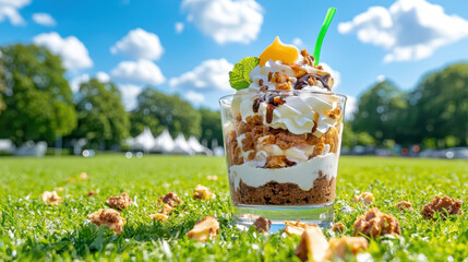 Joyful ground level shot of delicious brownie sundae topped with cream, nuts, and cherry, set against sunny park backdrop