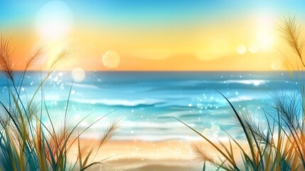 Poster - Serene sunset over calm ocean beach, viewed through beach grass.