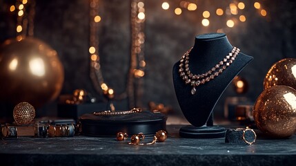 Aufkleber - Elegant jewelry display with necklace, bracelet, earrings, and rings on a dark background with golden ornaments and bokeh lights.