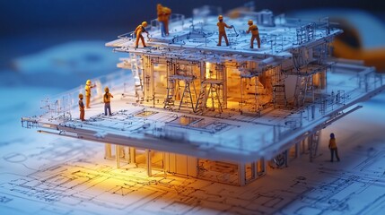Aufkleber - Miniature construction workers building a glowing model house on blueprints.