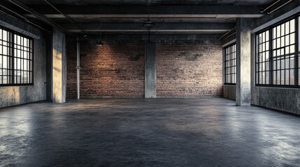 Poster - A grungy, dark industrial basement room in 3D rendering with subtle white light creating dramatic textures, perfect for moody and modern photography
