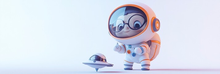 Poster - Cute astronaut kid playing with a spinning UFO toy.