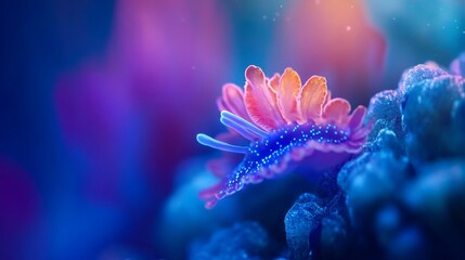 Aufkleber - Vibrant nudibranch on coral reef in neon light.