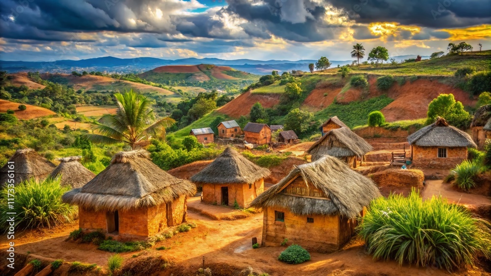 Madagascar Rural Mosques Illustration Stock Madagascar Village Huts: Traditional Rural Dwellings ...