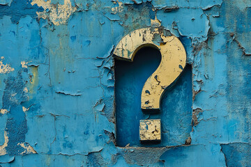 Aufkleber - Weathered yellow large question mark on distressed blue textured wall