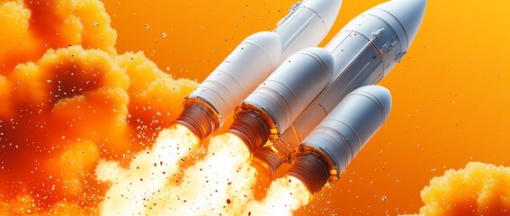 Poster - Rocket launch through orange clouds, fiery exhaust.