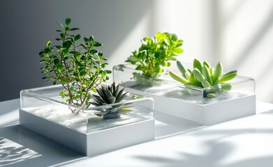 Poster - Three minimalist succulent arrangements in modern clear acrylic and white planters on a white surface, illuminated by sunlight.