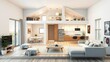 Three-dimensional rendering of a modern house interior with furniture displayed in a cutaway view, living room, visualization