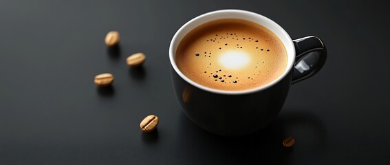 Poster - Aromatic coffee in a dark mug with roasted beans on a black surface.