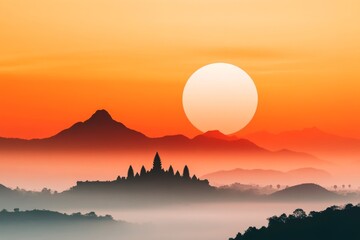 Poster - A minimalist depiction of Angkor Wat silhouetted against a soft gradient sky, with clean and simple lines