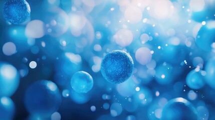 Poster - A mesmerizing close-up of spherical blue cells glowing in vibrant blue hues, set against a soft, delicately blurred background for a stunning visual effect