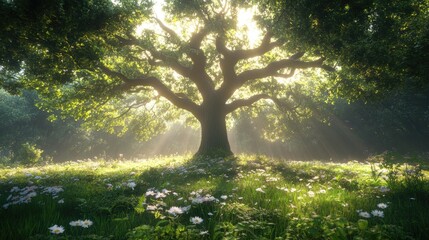 Poster - A majestic tree grows from the earth, its branches extending toward the sky, surrounded by lush greenery and wildflowers in a peaceful meadow