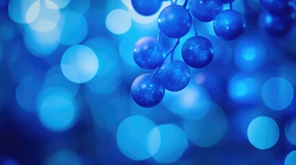 Poster - A mesmerizing close-up of spherical blue cells glowing in vibrant blue hues, set against a soft, delicately blurred background for a stunning visual effect