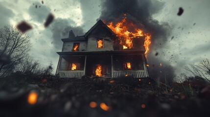 Poster - Dramatic scene of a burning house engulfed in flames and smoke under a dark and stormy sky, with embers flying around, creating a sense of destruction and danger