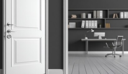 Aufkleber - Open white door reveals modern home office with desk, chair, shelves, computer, and books.