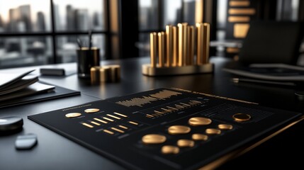 Leinwandbilder - Modern office desk with financial report, gold accents, and city view.