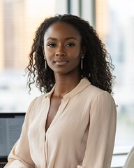 Poster - Confident young Black woman in a beige blouse sits at a desk, looking directly at the camera.
