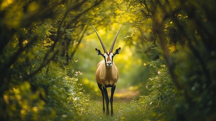 Poster - Oryx antelope standing in lush green forest.