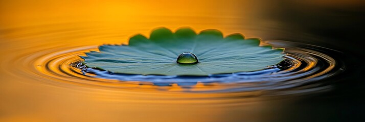 Poster - Water droplet on a leaf in calm water with sunset reflection.