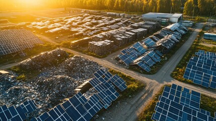 Aufkleber - A recycling center where piles of damaged solar panels are carefully sorted, emphasizing the importance of repurposing materials for a sustainable future