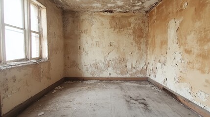 Poster - A room in severe disrepair with cracked, peeling walls and worn floors, conveying a sense of abandonment and neglect, ideal for decay and urban exploration themes