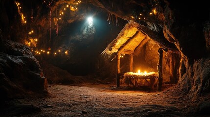 Poster - A rustic manger inside a dimly lit cave, with holy light illuminating the scene, soft bokeh creating a serene and spiritual Christmas ambiance