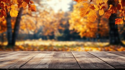 Poster - A rustic wooden table nestled among vibrant fall trees with orange hues, creating a warm, cozy fall atmosphere in a peaceful forest setting