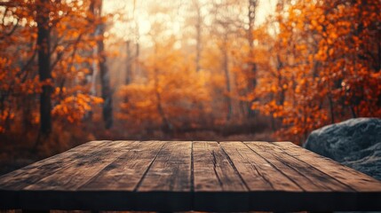 Poster - A rustic wooden table nestled among vibrant fall trees with orange hues, creating a warm, cozy fall atmosphere in a peaceful forest setting
