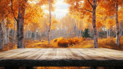 Poster - A rustic wooden table nestled among vibrant fall trees with orange hues, creating a warm, cozy fall atmosphere in a peaceful forest setting