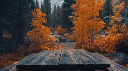 Poster - A rustic wooden table nestled among vibrant fall trees with orange hues, creating a warm, cozy fall atmosphere in a peaceful forest setting