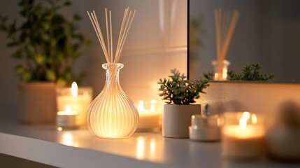Aufkleber - Scented diffuser with candles and plants on shelf.
