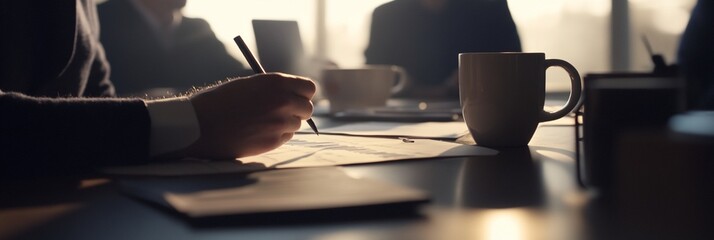 Poster - Close-up of hands writing on paperwork during a meeting.