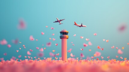 Poster - An air traffic control tower monitoring the movement of airplanes in a busy airspace, highlighting the importance of air traffic control for safe and efficient air travel.