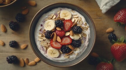 Poster - Overhead view of a healthy breakfast bowl with yogurt, berries, banana, almonds, and oats.