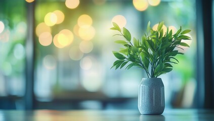 Poster - Small potted plant on table with bokeh background.