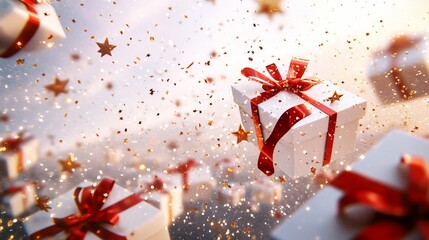 Aufkleber - White gift boxes with red ribbons falling from sky, confetti and stars.