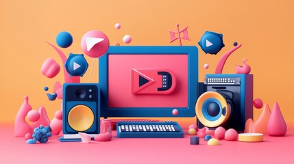 Aufkleber - Colorful 3D render of music streaming setup with computer, speakers, keyboard, and play icons.
