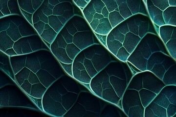 Poster - Close-up of a dark teal leaf's intricate vein pattern, showcasing its texture and natural design.
