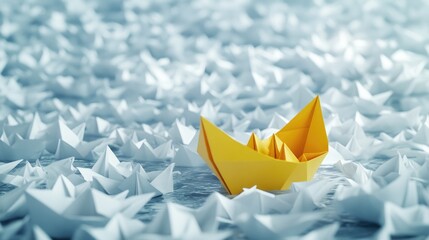 Aufkleber - A single yellow paper boat carving its own path through a sea of white boats, representing leadership and the strength to forge a unique direction