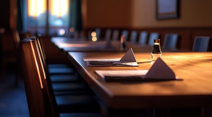 Poster - Empty conference table set for meeting,  wooden table, chairs, documents, light, room.