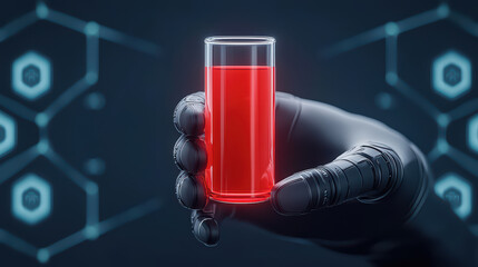 Poster - robotic hand holds glass vial filled with bright red liquid, showcasing technology