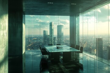 Poster - A large glass room with a table and chairs in the middle. The room is empty and the only people visible are in the background